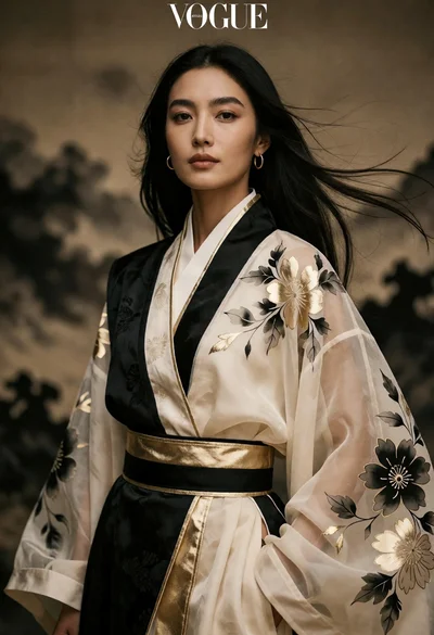 High fashion portrait of woman in cream robe against misty sepia background