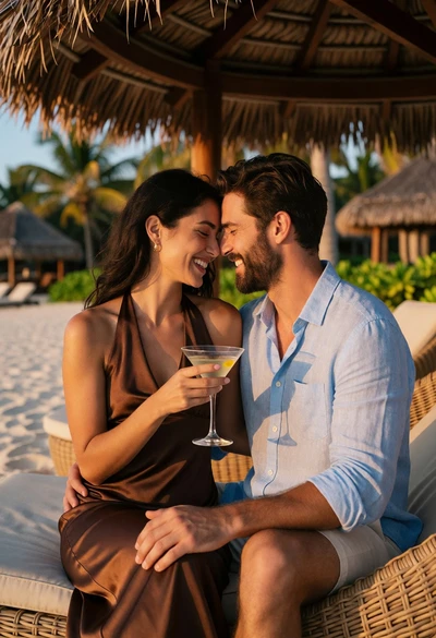 Intimate couple sitting on wicker lounge chair at tropical beach sunset