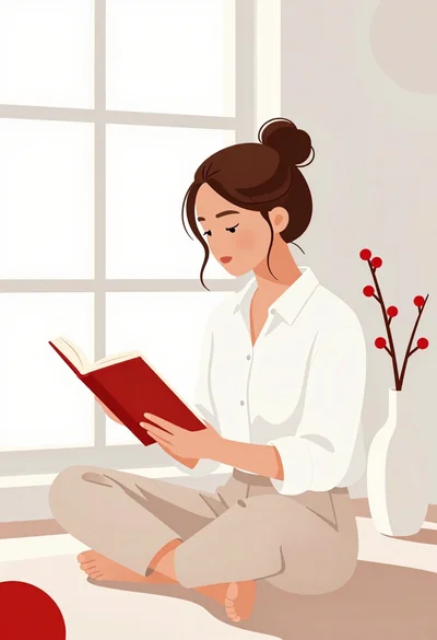 Illustration of woman reading book by window in minimalist interior space