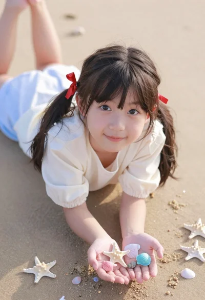 Young girl lying on sandy beach holding colorful starfish and seashells