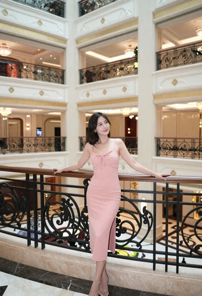 Young woman in pink dress on ornate balcony overlooking grand hotel lobby