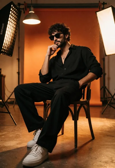 Stylish man sitting on wooden chair in warmly lit studio setting