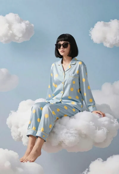 Woman sitting on fluffy white clouds against blue sky