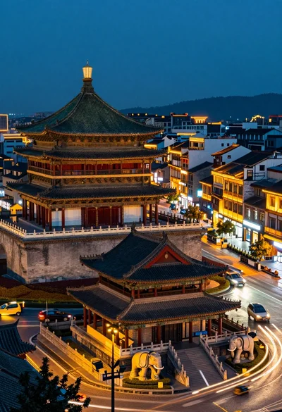 High angle view of historic city square pagoda temples at twilight