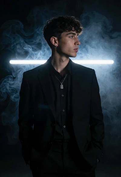 Young man in black suit profile against smoky backdrop neon lighting