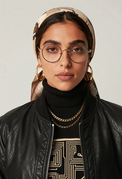 Closeup portrait of woman in black leather jacket and gold hoop earrings