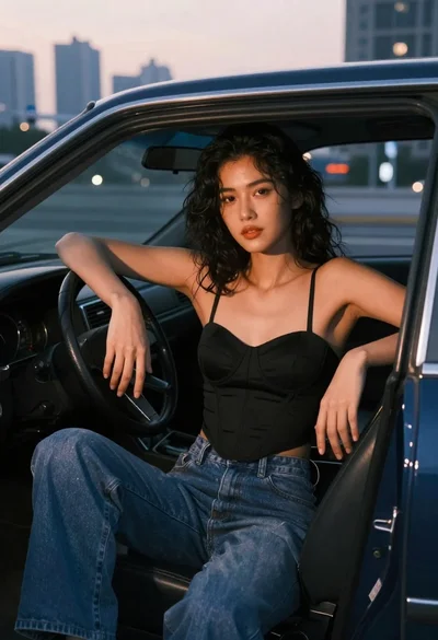 Woman in classic car at twilight cityscape backdrop