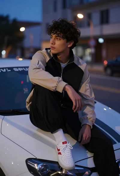 Young man sitting on white car hood in urban twilight setting