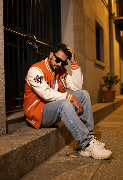 Man sitting casually in an urban alleyway at night with varsity jacket