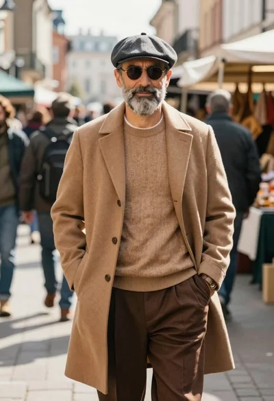 Stylish middle aged man with grey beard stands in center of bustling