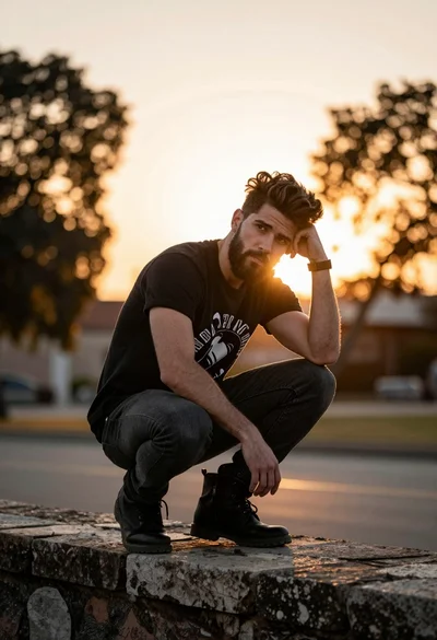Man crouching on stone wall against glowing sunset backdrop with trees