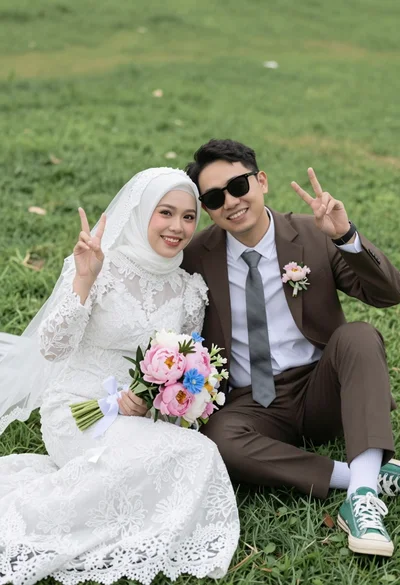 Joyful wedding couple posing together on a lush green grassy lawn