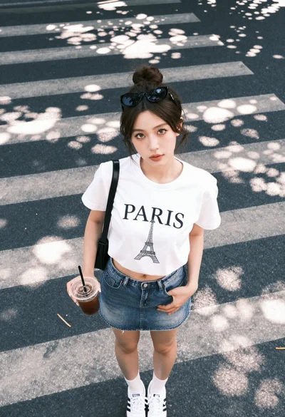 Young woman in white shirt and denim skirt standing on city crosswalk
