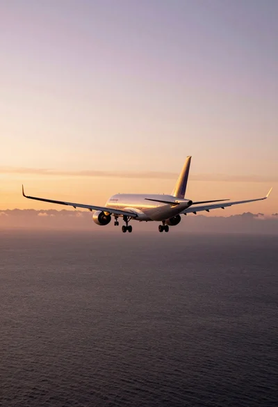 Large commercial jetliner flying over rippling ocean during golden hour sunset
