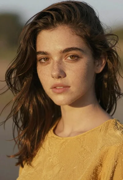 Portrait of young woman with windswept hair and hazel eyes