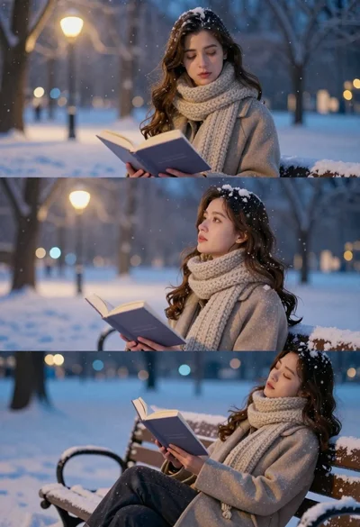 Young woman reading on snowy park bench at dusk with bokeh lights