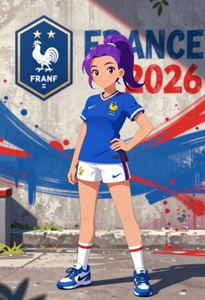 Anime girl in france jersey standing before graffiti wall art