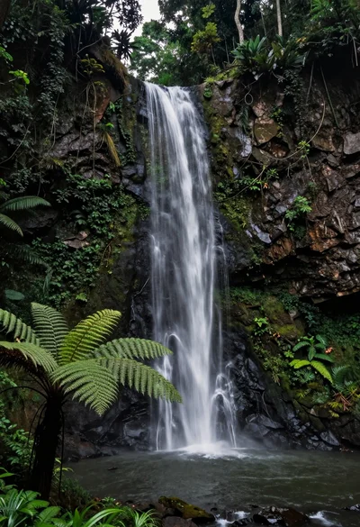 Wide view of majestic waterfall cascading into a deep pool surrounded by
