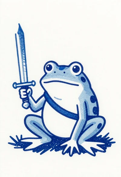 Blue ink illustration of a frog warrior with a sword