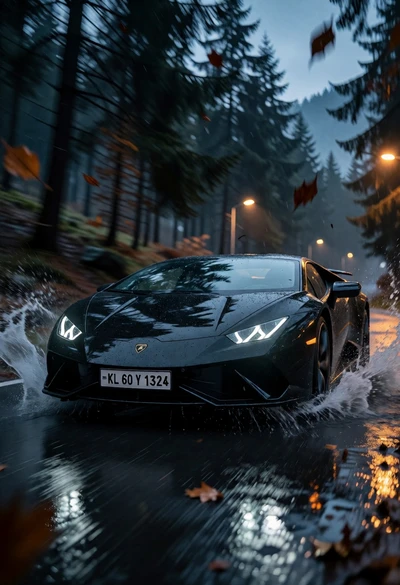 Black lamborghini huracán splashing through wet forest road under overcast sky