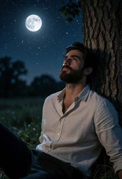 Young man seated against tree trunk under starry full moon night sky