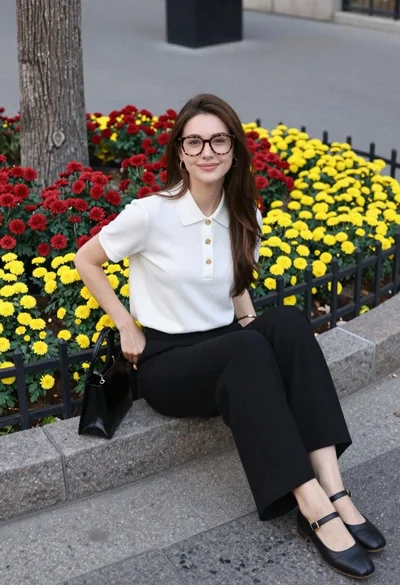 Young woman sitting on curb by flower bed in urban setting