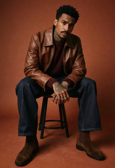 Black man in brown leather jacket sitting confidently against terracotta backdrop
