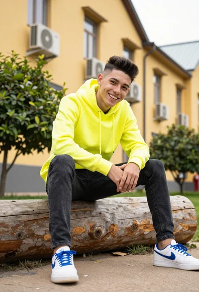 Young man in neon yellow hoodie sitting on log in urban setting