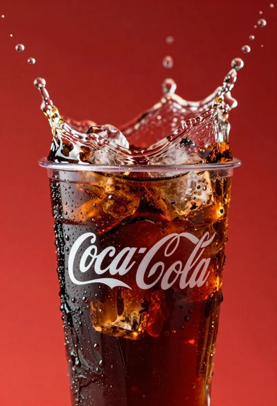 Refreshing coca cola glass with ice cubes splashing against red background