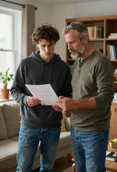 Two men looking at document in cozy living room setting