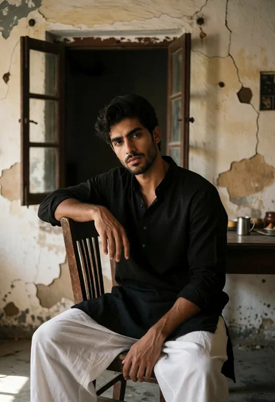 Young man in black kurta seated in weathered room with peeling paint