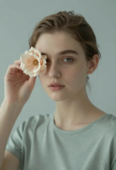 Young woman with light brown hair holding a pale flower near her