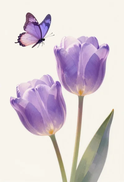 Pastel illustration of purple tulips with butterfly