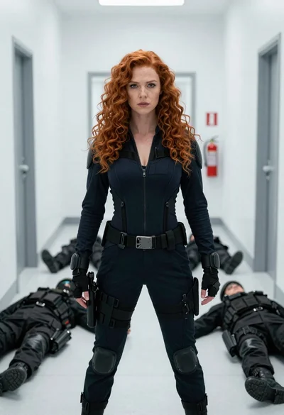 Woman in tactical bodysuit standing in sterile white hallway after combat