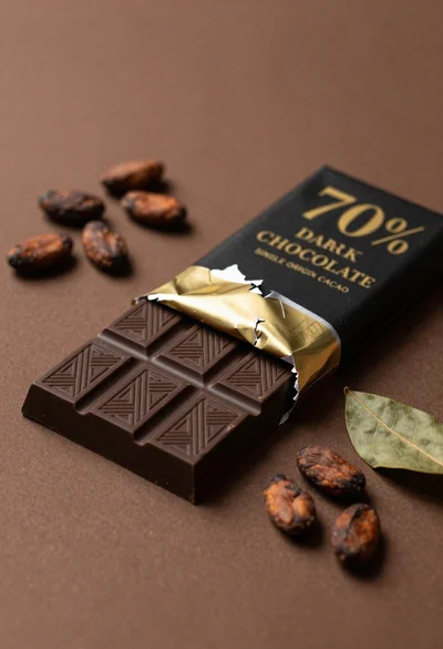 Closeup of dark chocolate bar on brown surface with cocoa beans