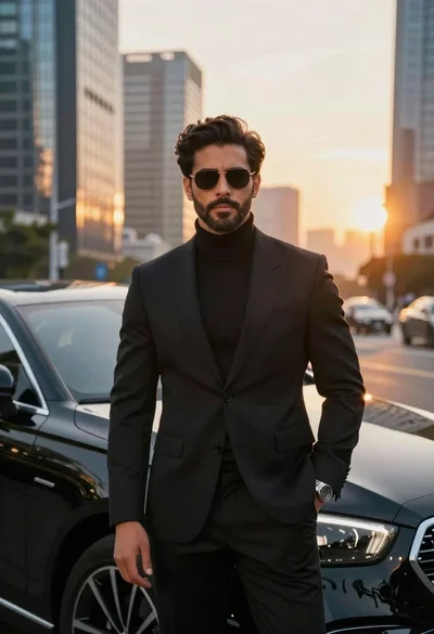 Handsome man in black suit by luxury car against city skyline sunset