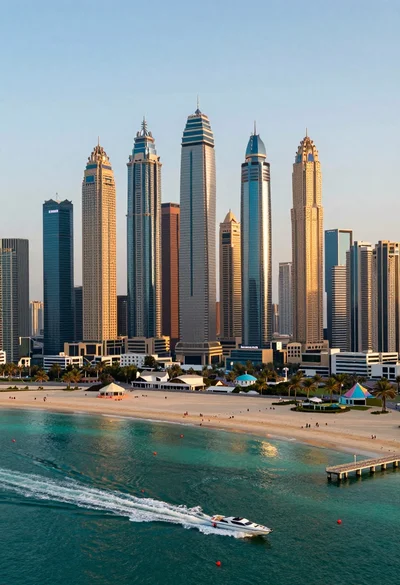 Aerial view of futuristic metropolis skyscrapers on sandy beach and turquoise water