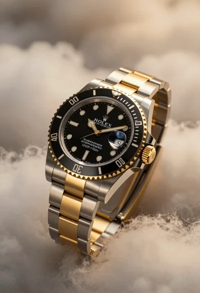 Macro close up of luxury rolex submariner watch floating in soft golden