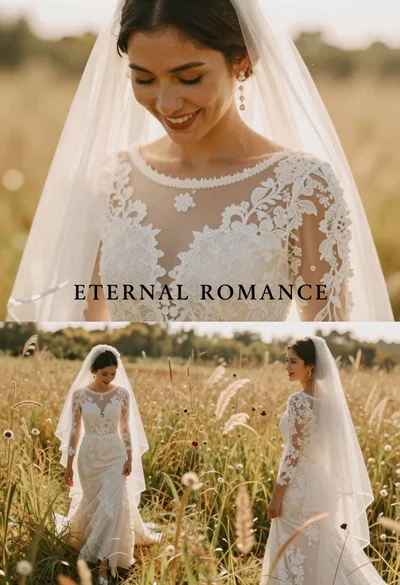 Smiling bride in white lace dress standing in a sunlit field