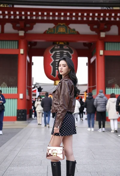 Young woman in leather jacket standing before traditional japanese temple gate