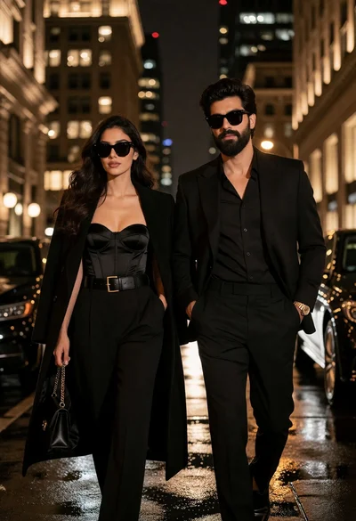 Stylish couple walking down wet city street at night with reflections