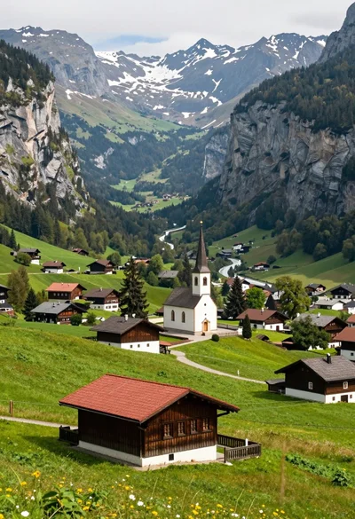 Panoramic view of lush green valley village between towering rugged mountains