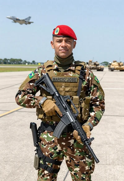 Brazilian soldier with rifle on airfield near jets