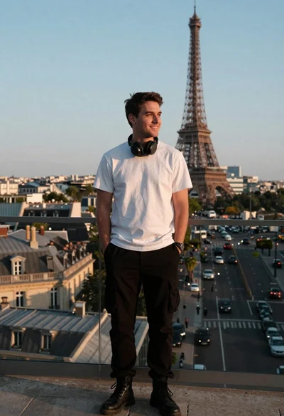 Man on observation deck overlooking eiffel tower at sunset