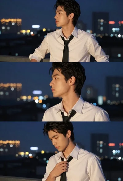 Young man in formal wear on rooftop terrace at night with city