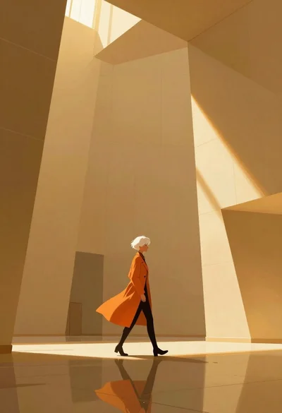 Person walking through vast architectural space with golden light