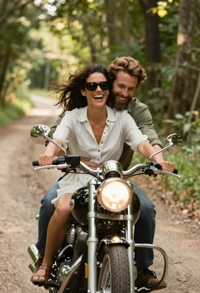 Joyful couple on classic motorcycle through sunlit forest path