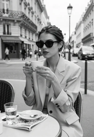 Stylish woman at outdoor cafe table in paris