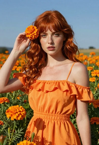 Woman in orange dress among marigolds under blue sky