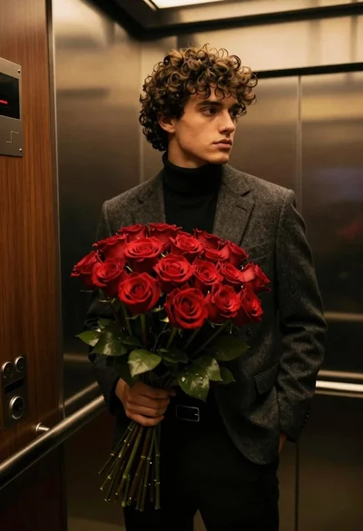 Young man in dark grey suit holding red roses inside a luxurious